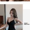 16043#Black V-Neck Spaghetti Strap Mini Dress — High-Waisted A-Line Flowy Casual Party Dress