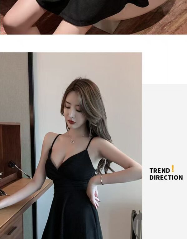 16043#Black V-Neck Spaghetti Strap Mini Dress — High-Waisted A-Line Flowy Casual Party Dress