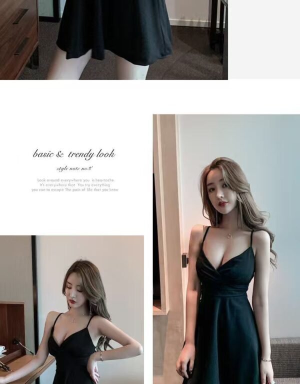 16043#Black V-Neck Spaghetti Strap Mini Dress — High-Waisted A-Line Flowy Casual Party Dress