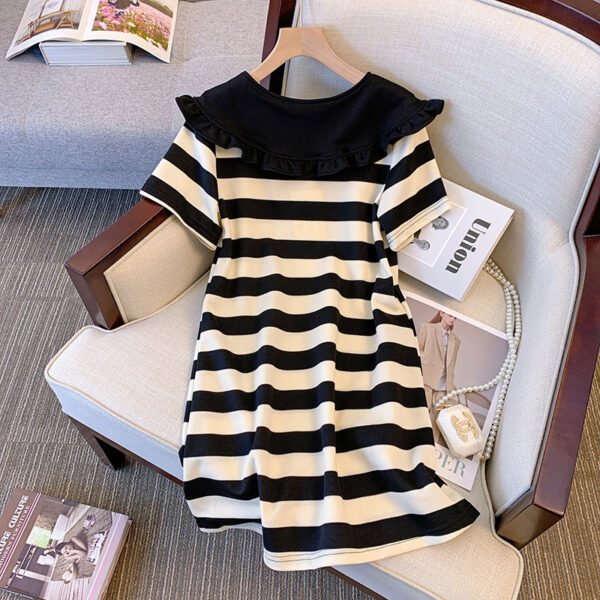 16044#Black & White Striped Mini Dress — Ruffled Collar Bow Short Sleeve Casual A-Line Dress
