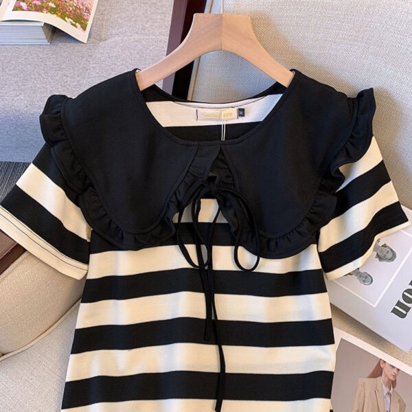 16044#Black & White Striped Mini Dress — Ruffled Collar Bow Short Sleeve Casual A-Line Dress