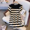 16044#Black & White Striped Mini Dress — Ruffled Collar Bow Short Sleeve Casual A-Line Dress
