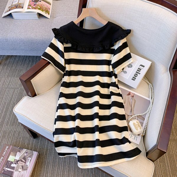 16044#Black & White Striped Mini Dress — Ruffled Collar Bow Short Sleeve Casual A-Line Dress