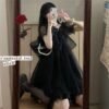16045#Black Ruffled Puff Sleeve Mini Dress — Sweet & Elegant High-Waisted A-Line Party Dress