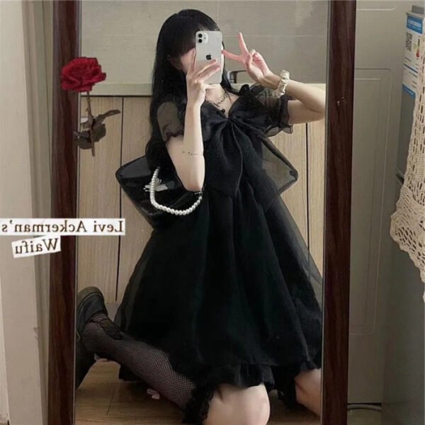 16045#Black Ruffled Puff Sleeve Mini Dress — Sweet & Elegant High-Waisted A-Line Party Dress