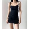 16046#Black Sweetheart Neck Bodycon Mini Dress — Ruched Spaghetti Strap Slim Fit Party Dress