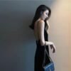 16047#Black Backless Maxi Dress — Elegant Spaghetti Strap Slip Dress, Sleeveless Evening Party Long Dress