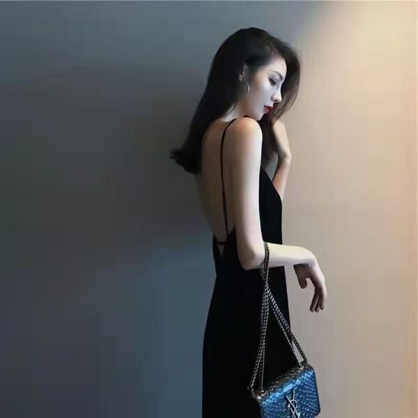 16047#Black Backless Maxi Dress — Elegant Spaghetti Strap Slip Dress, Sleeveless Evening Party Long Dress