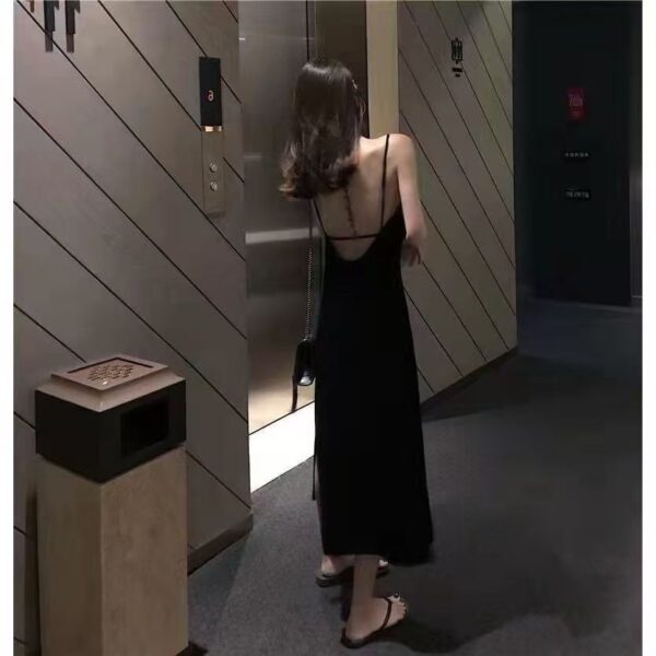 16047#Black Backless Maxi Dress — Elegant Spaghetti Strap Slip Dress, Sleeveless Evening Party Long Dress