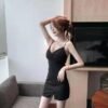 16048#Black V-Neck Sleeveless Bodycon Mini Dress — Slim Fit Slit Party & Club Dress