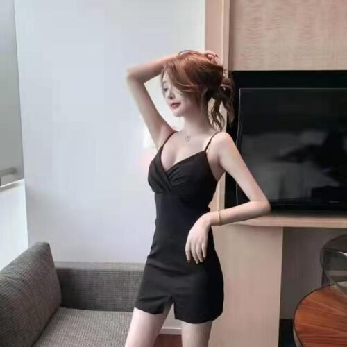 16048#Black V-Neck Sleeveless Bodycon Mini Dress — Slim Fit Slit Party & Club Dress