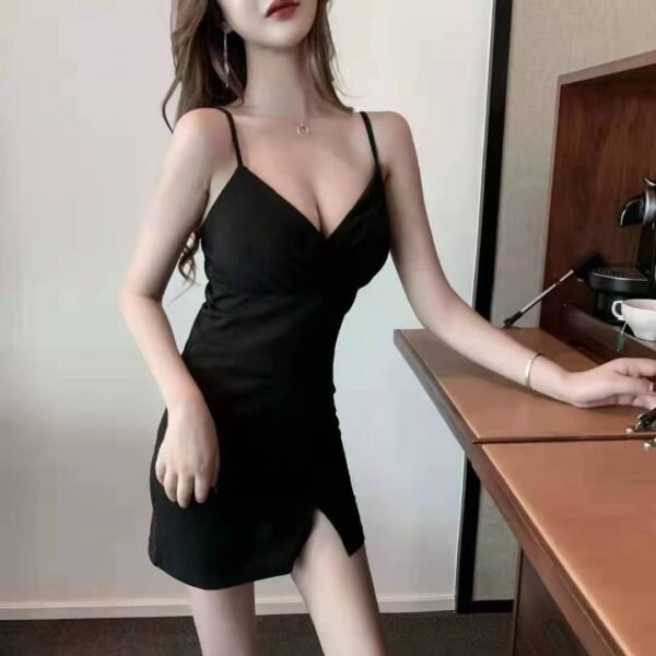 16048#Black V-Neck Sleeveless Bodycon Mini Dress — Slim Fit Slit Party & Club Dress