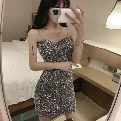 16049#Sparkly Sequin Cami Dress — Slim Fit Bodycon Mini Dress, Elegant Party & Evening Gown