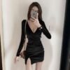 16050#Black Velvet Wrap Mini Dress — Deep V-Neck Long-Sleeve Ruched Party Dress