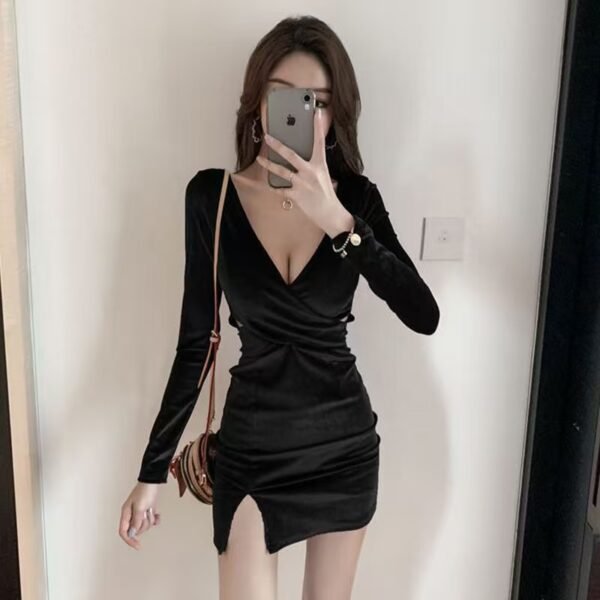 16050#Black Velvet Wrap Mini Dress — Deep V-Neck Long-Sleeve Ruched Party Dress