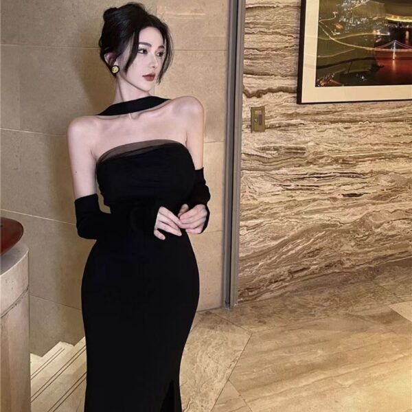 16051#Classic Black Strapless Midi Dress — Elegant Bodycon Gown with Matching Sleeves