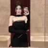 16051#Classic Black Strapless Midi Dress — Elegant Bodycon Gown with Matching Sleeves