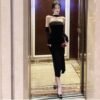 16051#Classic Black Strapless Midi Dress — Elegant Bodycon Gown with Matching Sleeves