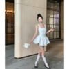 16052#White Halter Neck Mini Dress — Sweetheart Ruched Bodice & Ruffled Skirt