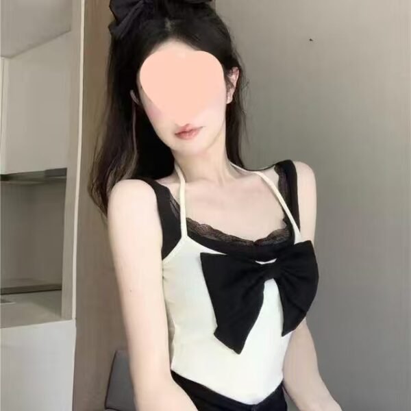 16055#Cream Halter Cami Top with Black Bow & Mesh Trim — Sweetheart Neck Camisole