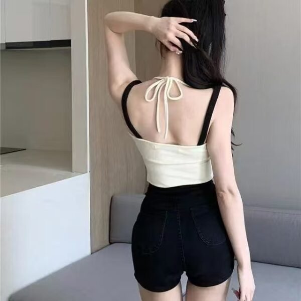 16055#Cream Halter Cami Top with Black Bow & Mesh Trim — Sweetheart Neck Camisole