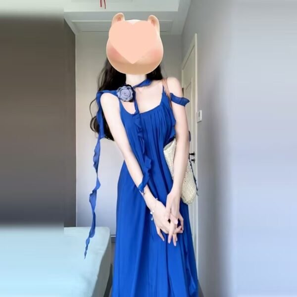 16057#Cobalt Blue Sleeveless Maxi Dress — Square Neck with Self-Tie Straps