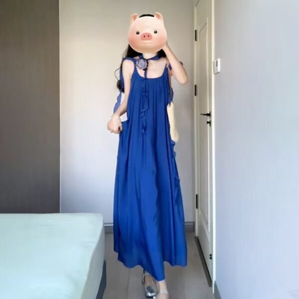 16057#Cobalt Blue Sleeveless Maxi Dress — Square Neck with Self-Tie Straps