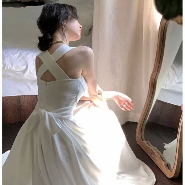 16058#Classic White Sweetheart-Neck Midi Dress — Sleeveless A-Line with Open Back
