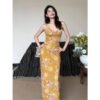 16059#Sunny Yellow Floral Spaghetti-Strap Maxi Dress — Slim Fit with Side Slit