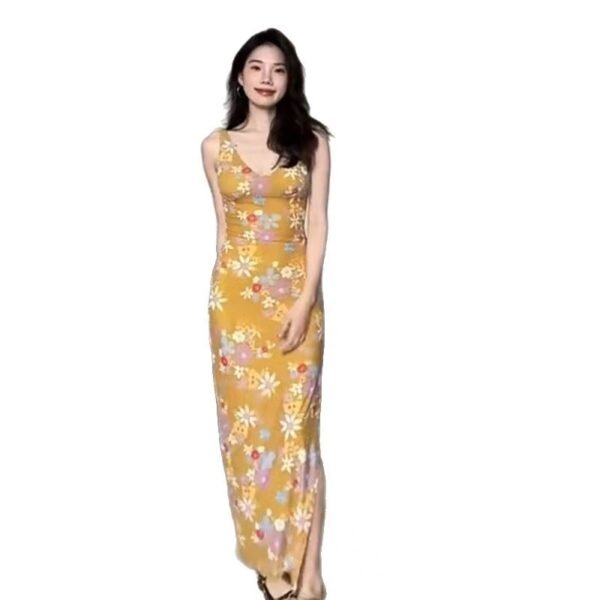 16059#Sunny Yellow Floral Spaghetti-Strap Maxi Dress — Slim Fit with Side Slit