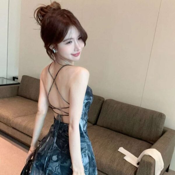 16061#Blue Tie-Dye Spaghetti-Strap Dress with Sheer White Shrug — 2-Piece Set