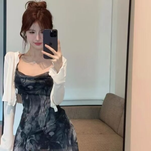 16061#Blue Tie-Dye Spaghetti-Strap Dress with Sheer White Shrug — 2-Piece Set