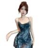 16061#Blue Tie-Dye Spaghetti-Strap Dress with Sheer White Shrug — 2-Piece Set