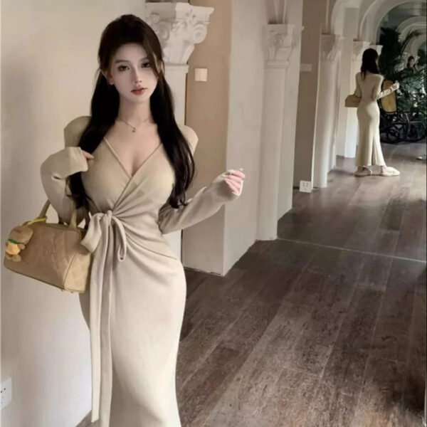 16062#Beige Wrap V-Neck Maxi Dress — Long-Sleeve Tie-Waist Elegant Gown