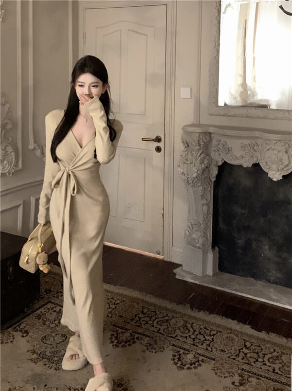 16062#Beige Wrap V-Neck Maxi Dress — Long-Sleeve Tie-Waist Elegant Gown