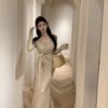 16062#Beige Wrap V-Neck Maxi Dress — Long-Sleeve Tie-Waist Elegant Gown