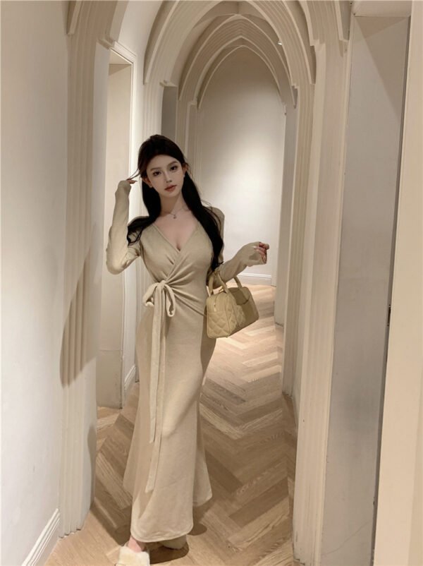 16062#Beige Wrap V-Neck Maxi Dress — Long-Sleeve Tie-Waist Elegant Gown