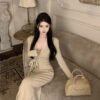 16062#Beige Wrap V-Neck Maxi Dress — Long-Sleeve Tie-Waist Elegant Gown