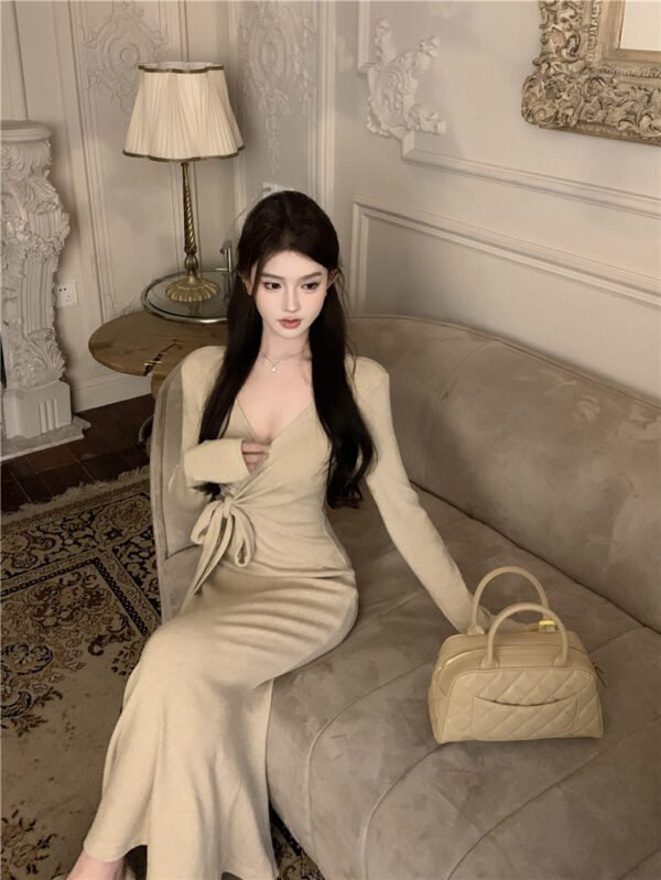 16062#Beige Wrap V-Neck Maxi Dress — Long-Sleeve Tie-Waist Elegant Gown
