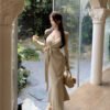 16062#Beige Wrap V-Neck Maxi Dress — Long-Sleeve Tie-Waist Elegant Gown