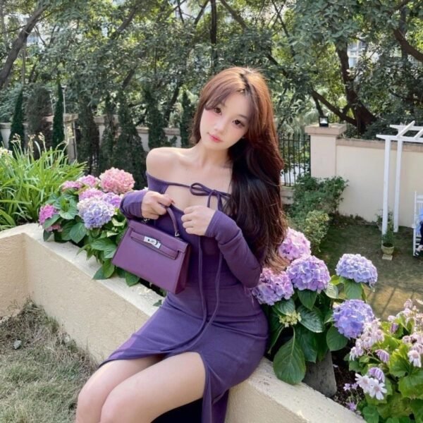 16063#Plum Purple Off-Shoulder Bodycon Dress — Long-Sleeve Slit Midi Dress