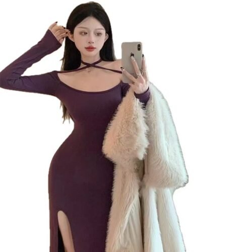 微信图片_20260817221651_1180_445 16063#Plum Purple Off-Shoulder Bodycon Dress — Long-Sleeve Slit Midi Dress