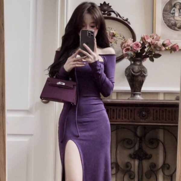 16063#Plum Purple Off-Shoulder Bodycon Dress — Long-Sleeve Slit Midi Dress