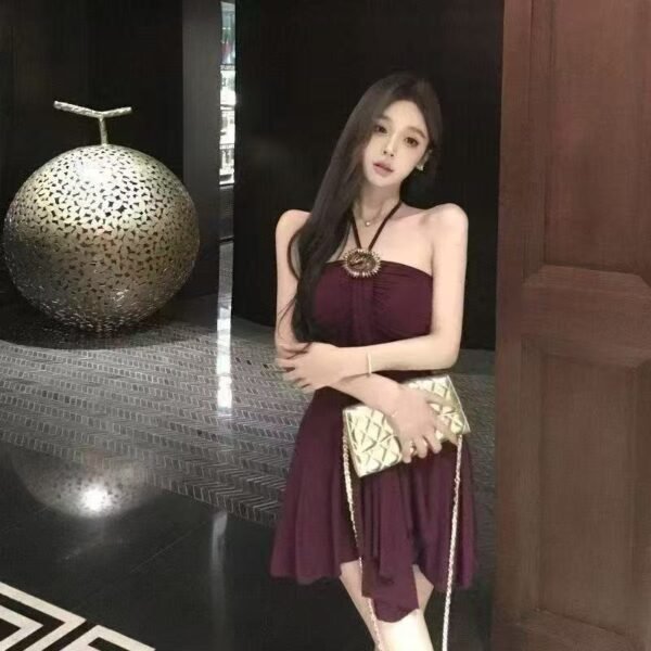 16064#Burgundy Red Halter Neck Mini Dress — Sleeveless Ruched Party Dress