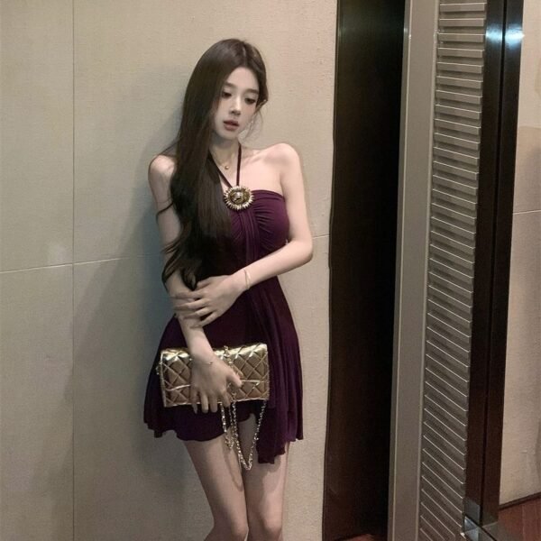 16064#Burgundy Red Halter Neck Mini Dress — Sleeveless Ruched Party Dress
