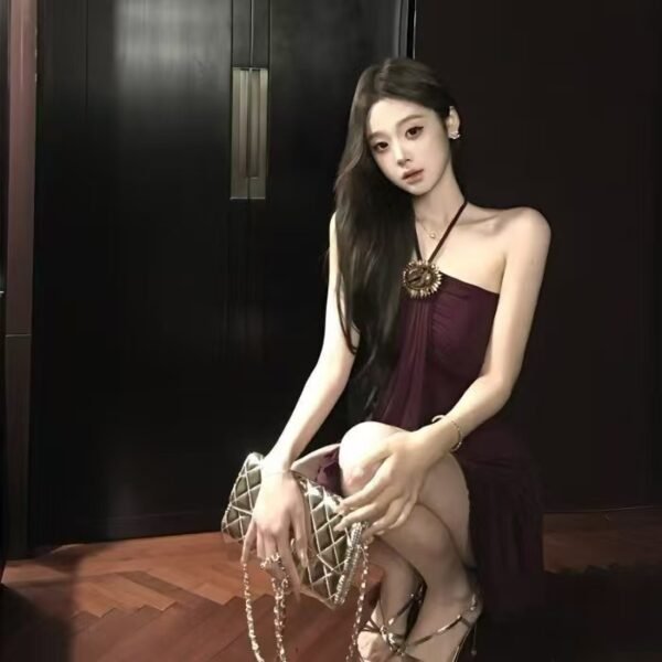 16064#Burgundy Red Halter Neck Mini Dress — Sleeveless Ruched Party Dress