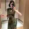 16065#Dark Green Floral Qipao — Short-Sleeve Slim-Fit Long Cheongsam with Side Slit