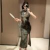 16065#Dark Green Floral Qipao — Short-Sleeve Slim-Fit Long Cheongsam with Side Slit