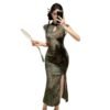 16065#Dark Green Floral Qipao — Short-Sleeve Slim-Fit Long Cheongsam with Side Slit