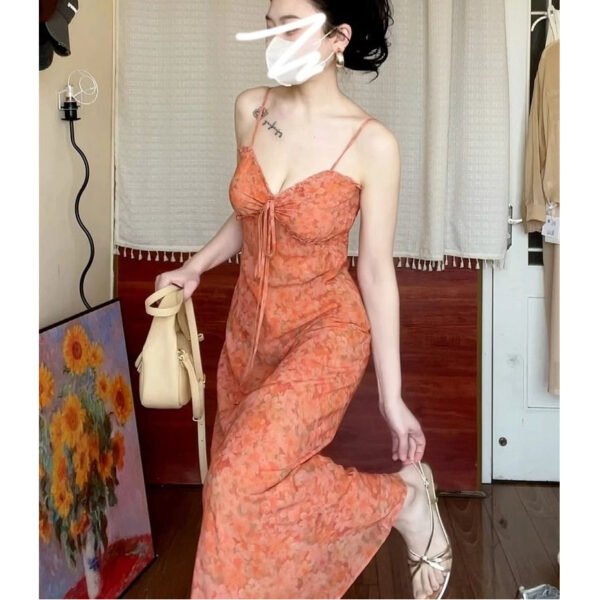 16066#Warm Orange Floral V-Neck Slip Dress — Slim-Fit Midi to Maxi